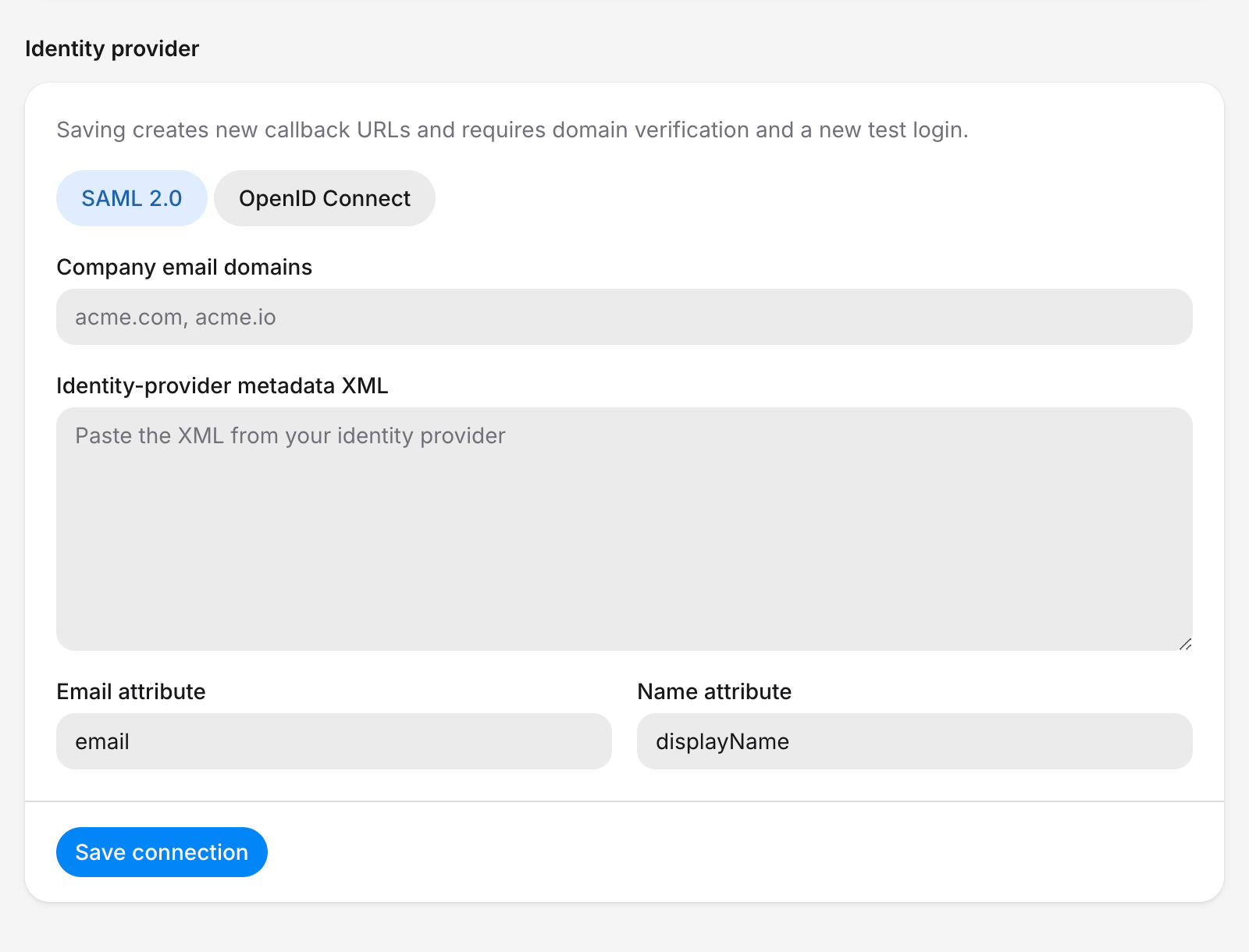 SAML identity provider form with domain, metadata XML, and attribute fields